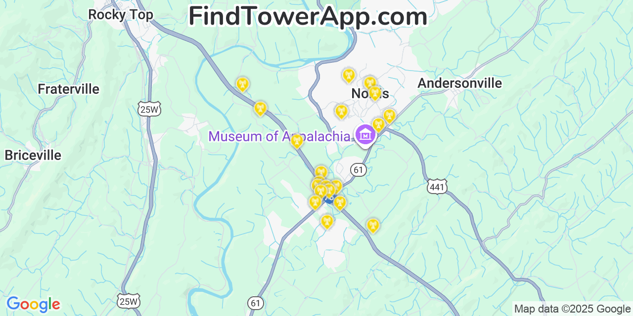 Map showing the 20 primary cell tower locations detected in Norris, Tennessee from AT&T, Verizon, and T-Mobile networks