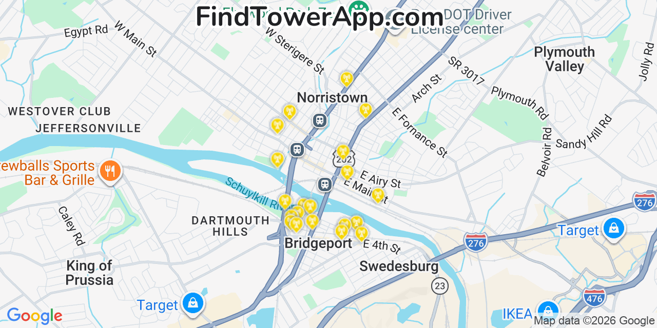 Map showing the 20 primary cell tower locations detected in Norristown, Pennsylvania from AT&T, Verizon, and T-Mobile networks