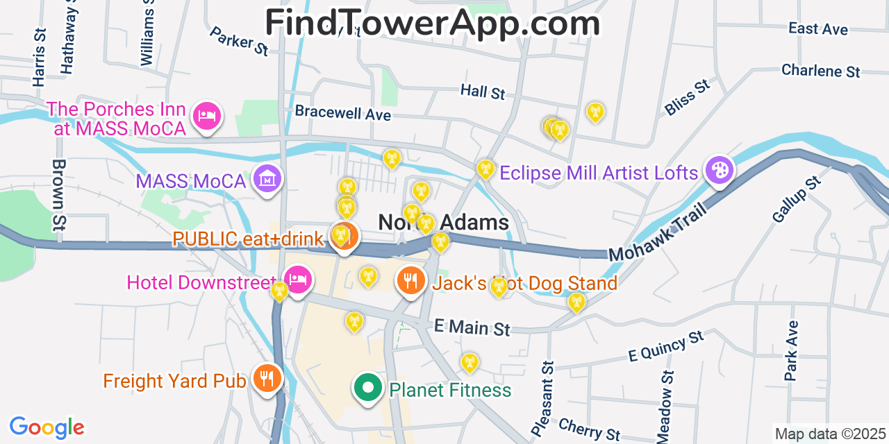 Map showing the 20 primary cell tower locations detected in North Adams, Massachusetts from AT&T, Verizon, and T-Mobile networks