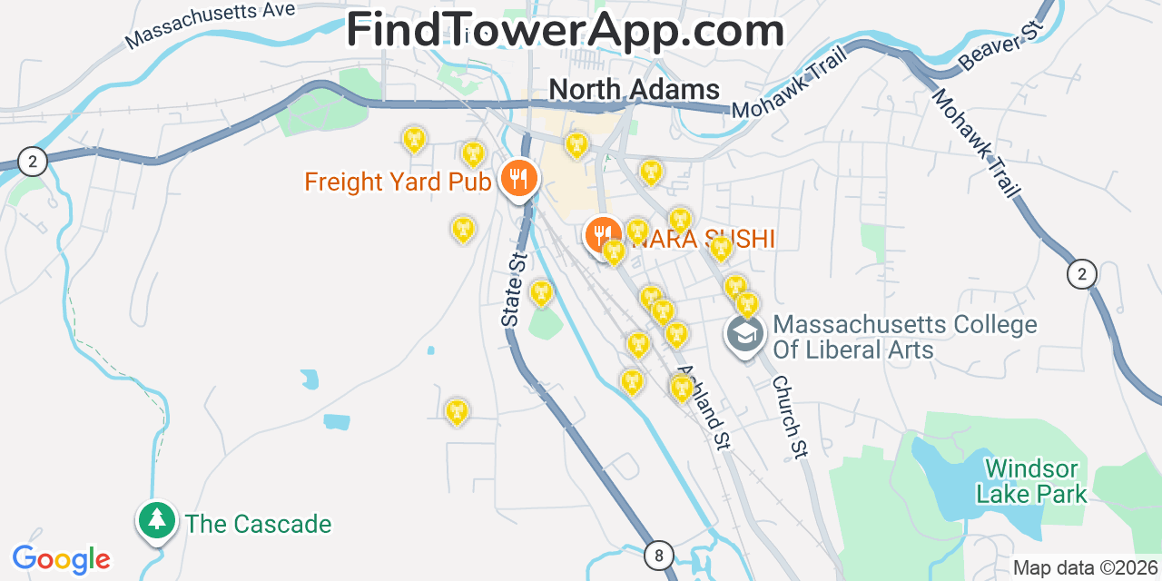 Map showing the 20 primary cell tower locations detected in North Adams, Massachusetts from AT&T, Verizon, and T-Mobile networks