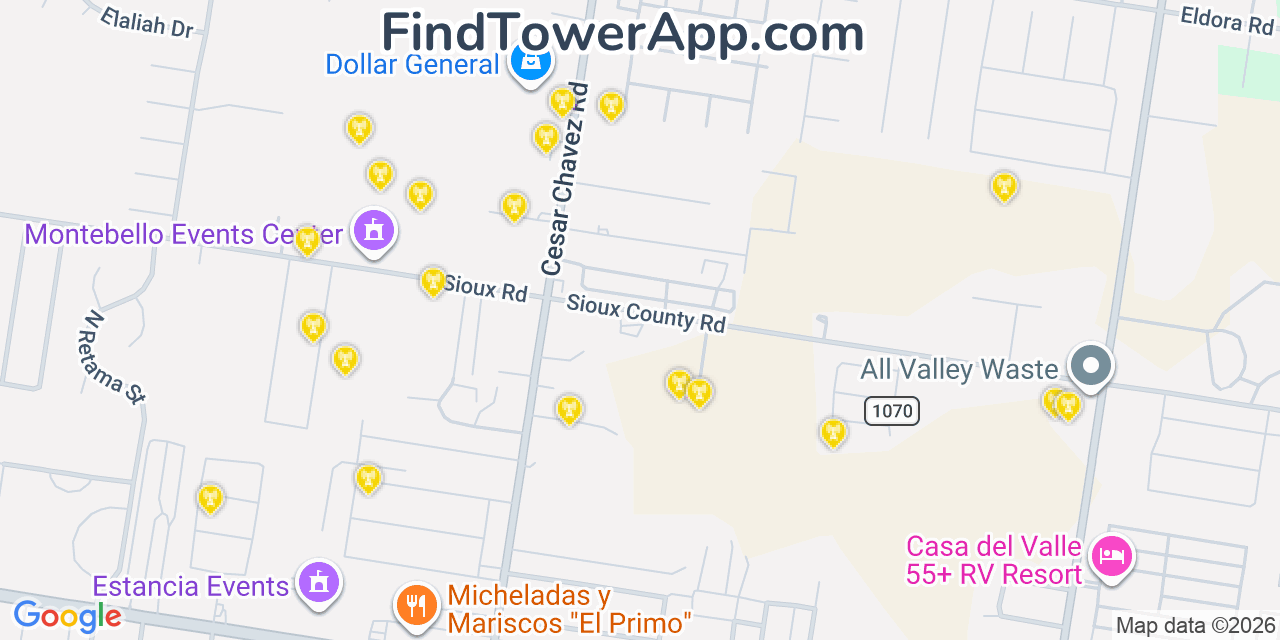Map showing the 20 primary cell tower locations detected in North Alamo, Texas from AT&T, Verizon, and T-Mobile networks