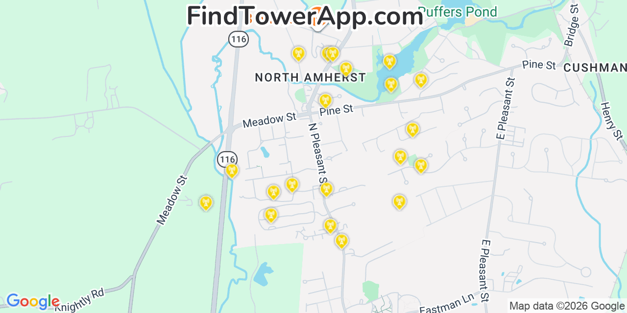 Map showing the 20 primary cell tower locations detected in North Amherst, Massachusetts from AT&T, Verizon, and T-Mobile networks