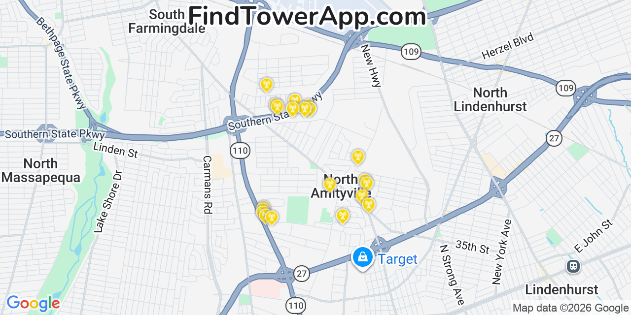 Map showing the 20 primary cell tower locations detected in North Amityville, New York from AT&T, Verizon, and T-Mobile networks