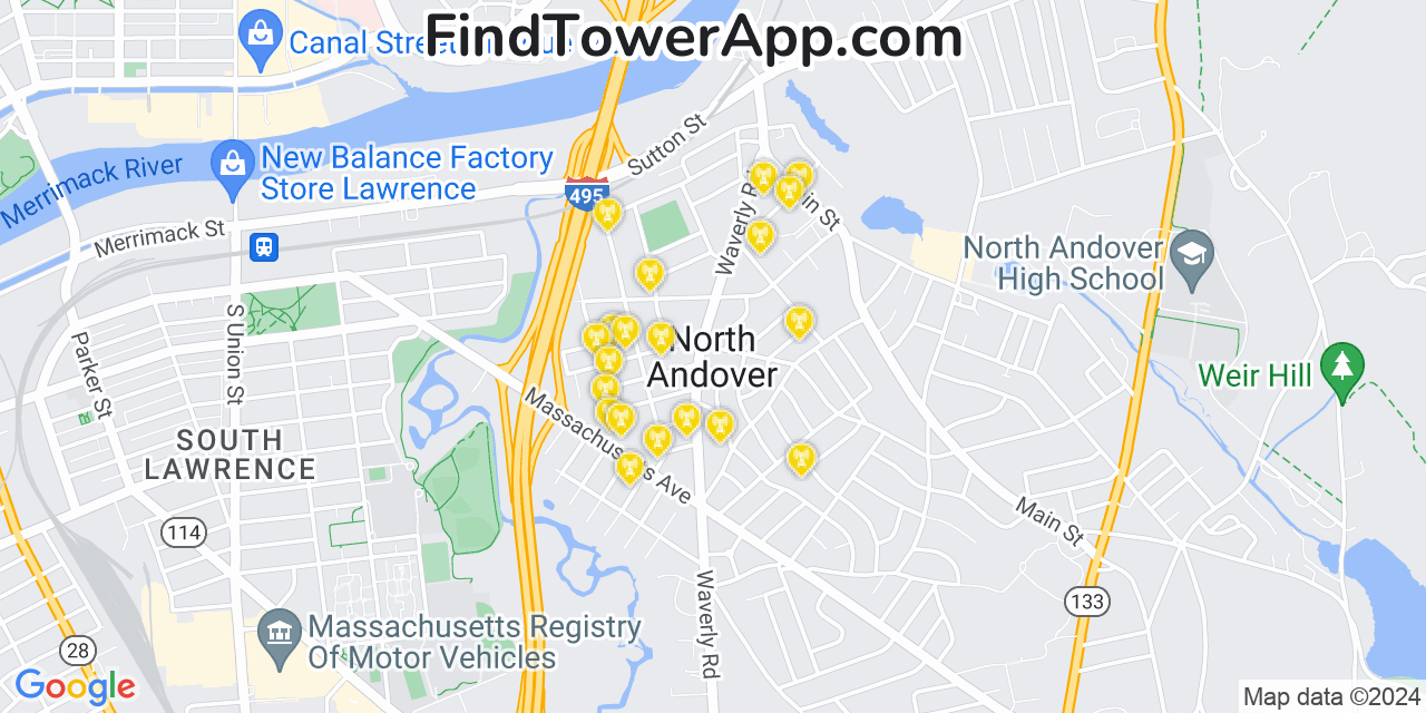 AT&T 4G/5G cell tower coverage map North Andover, Massachusetts