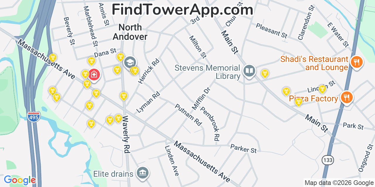 Map showing the 20 primary cell tower locations detected in North Andover, Massachusetts from AT&T, Verizon, and T-Mobile networks