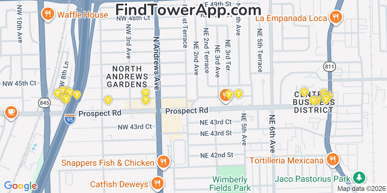 Map showing the 20 primary cell tower locations detected in North Andrews Gardens, Florida from AT&T, Verizon, and T-Mobile networks