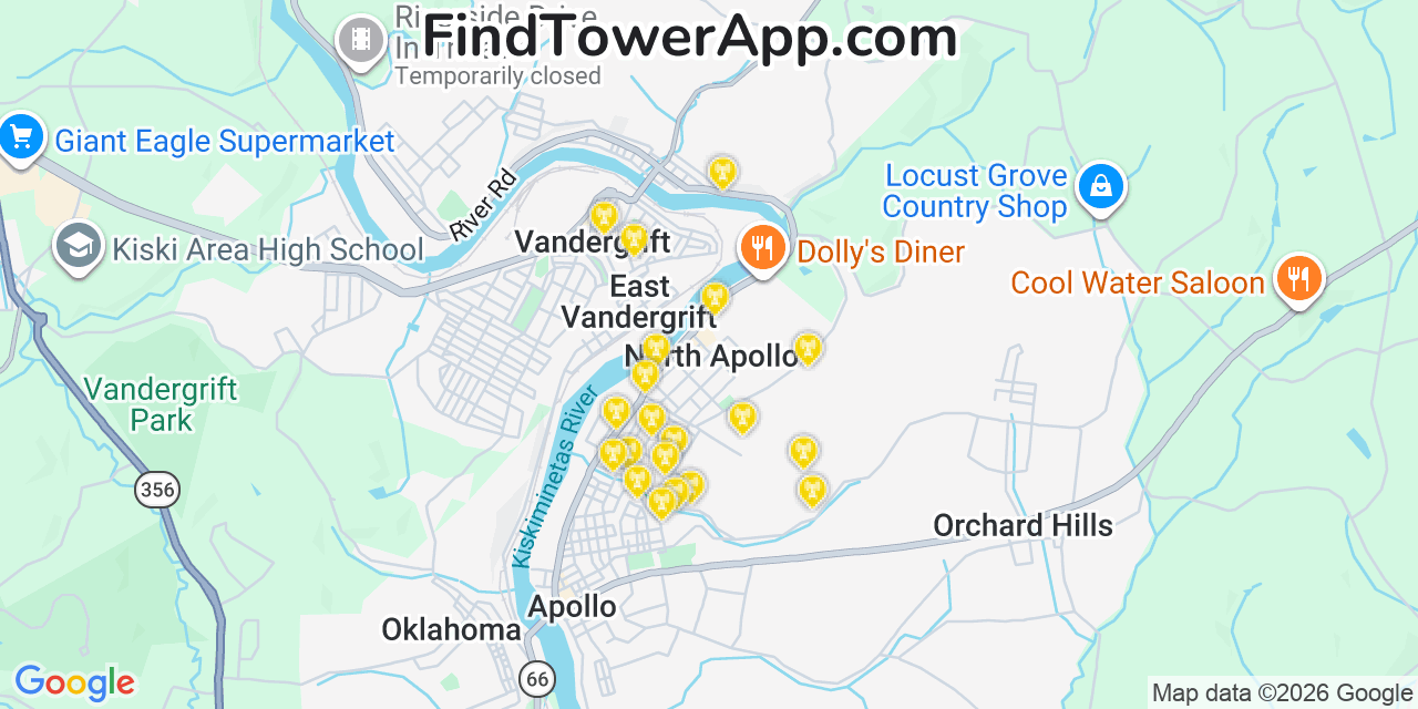 Map showing the 20 primary cell tower locations detected in North Apollo, Pennsylvania from AT&T, Verizon, and T-Mobile networks