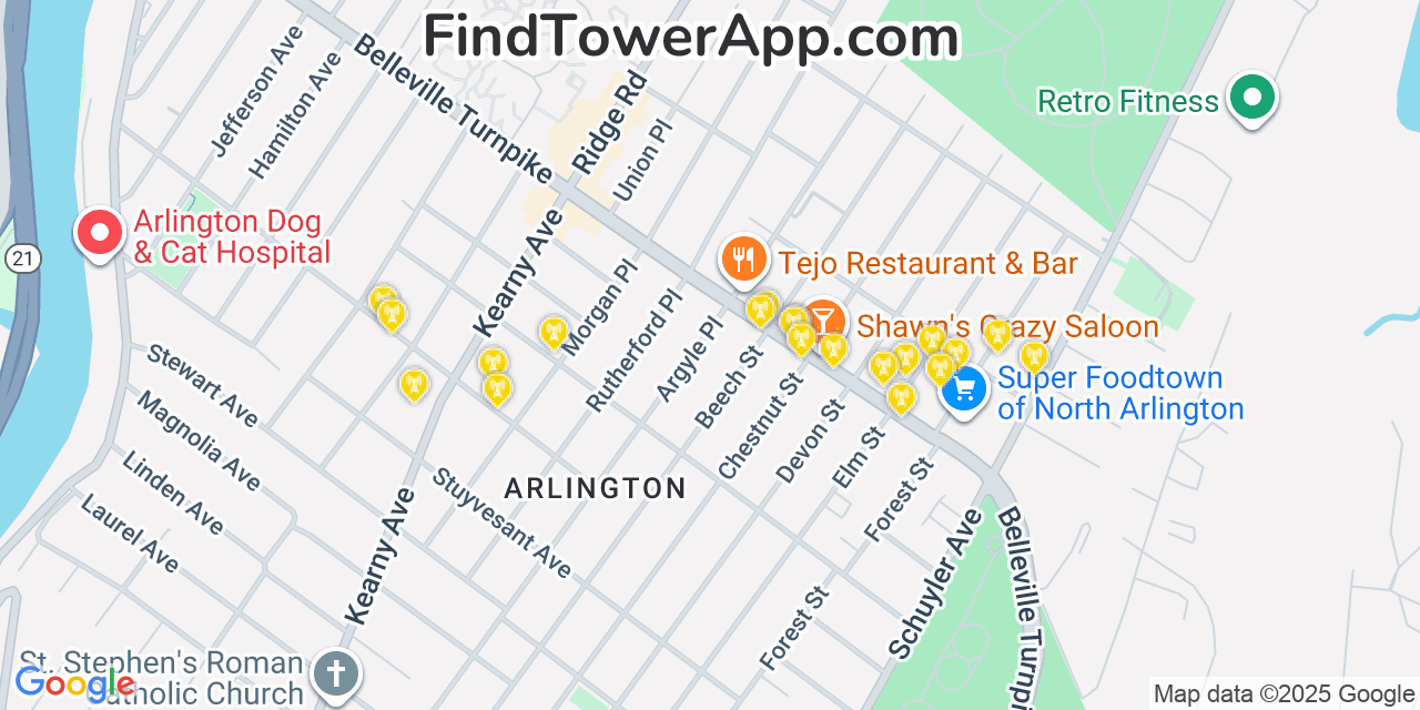 Map showing the 20 primary cell tower locations detected in North Arlington, New Jersey from AT&T, Verizon, and T-Mobile networks