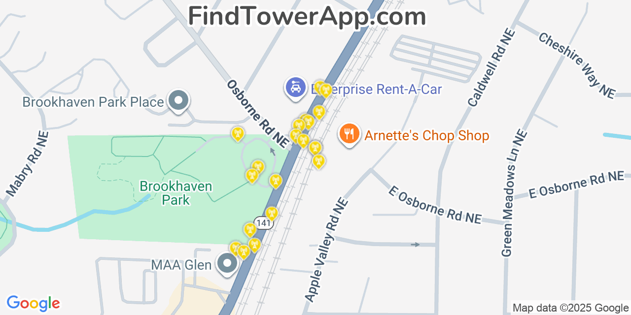 Map showing the 20 primary cell tower locations detected in North Atlanta, Georgia from AT&T, Verizon, and T-Mobile networks