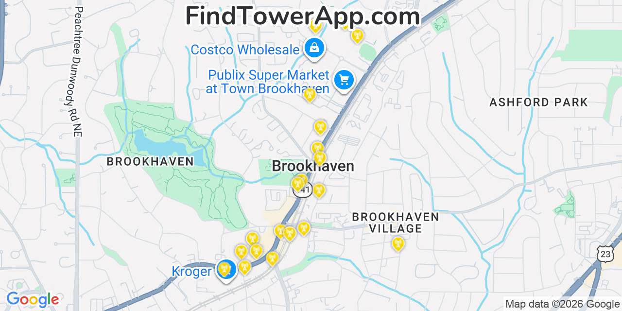Map showing the 20 primary cell tower locations detected in North Atlanta, Georgia from AT&T, Verizon, and T-Mobile networks