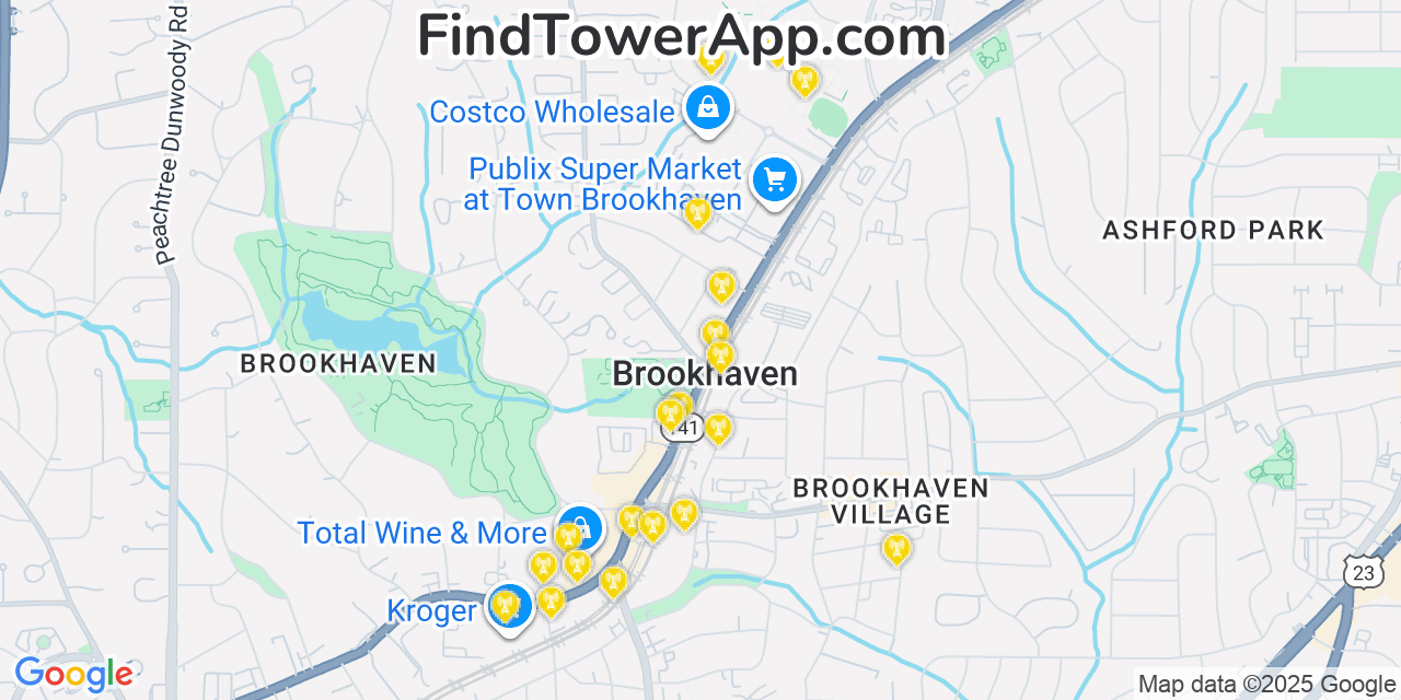 Map showing the 20 primary Mobitel cell tower locations detected in North Atlanta, Georgia with coverage radius and signal strength indicators