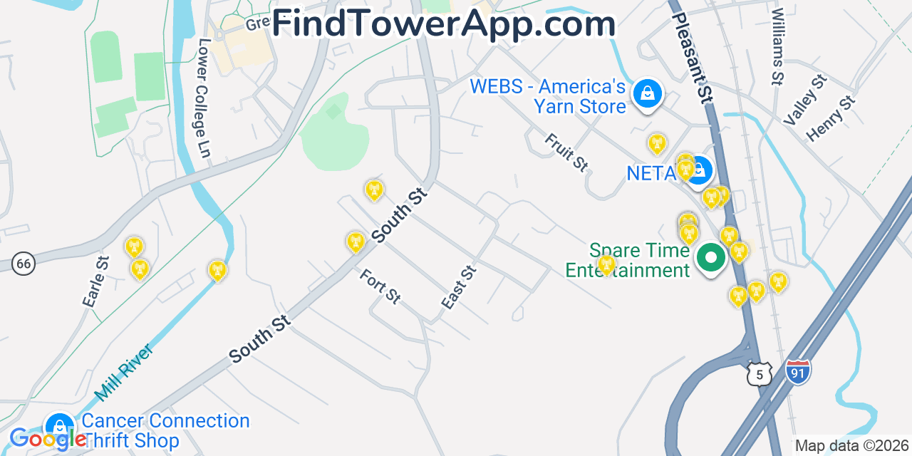 Map showing the 20 primary cell tower locations detected in North Attleborough Center, Massachusetts from AT&T, Verizon, and T-Mobile networks