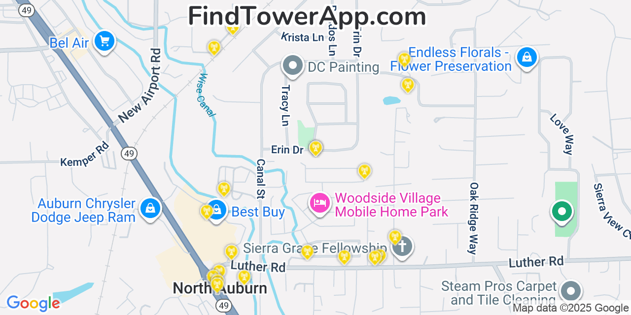 Map showing the 20 primary cell tower locations detected in North Auburn, California from AT&T, Verizon, and T-Mobile networks