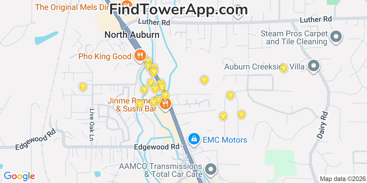 Map showing the 20 primary cell tower locations detected in North Auburn, California from AT&T, Verizon, and T-Mobile networks