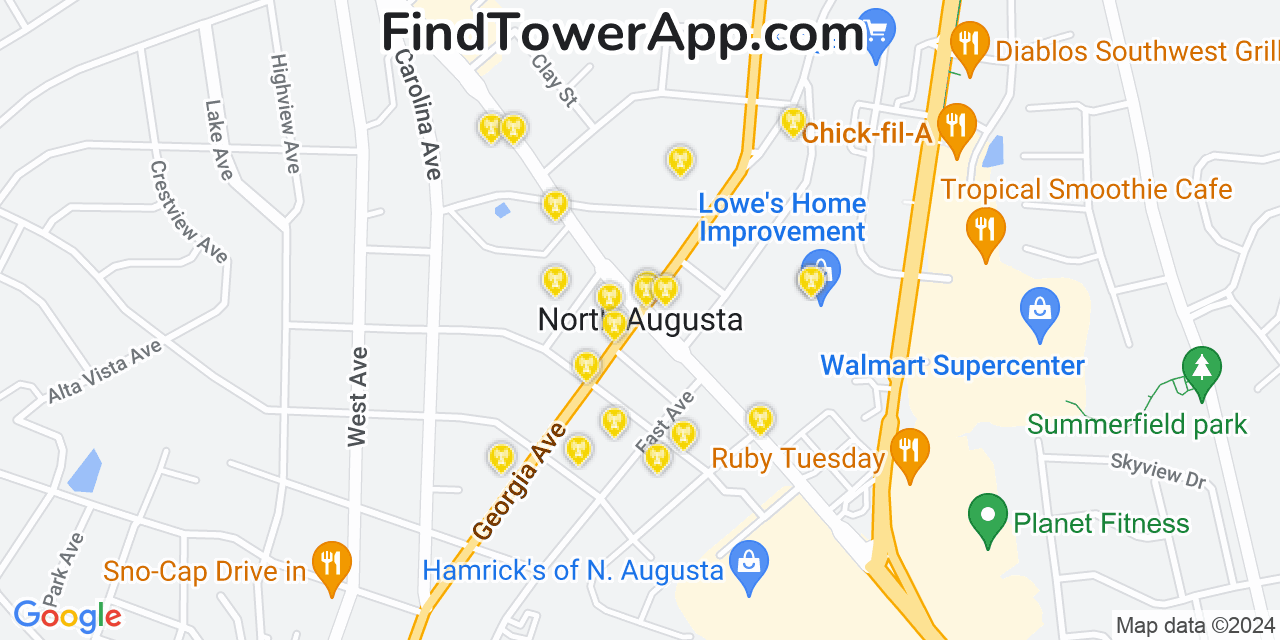 AT&T 4G/5G cell tower coverage map North Augusta, South Carolina