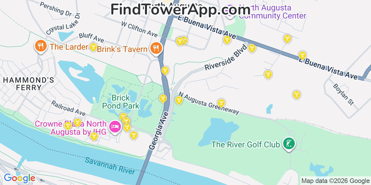 Map showing the 20 primary cell tower locations detected in North Augusta, South Carolina from AT&T, Verizon, and T-Mobile networks