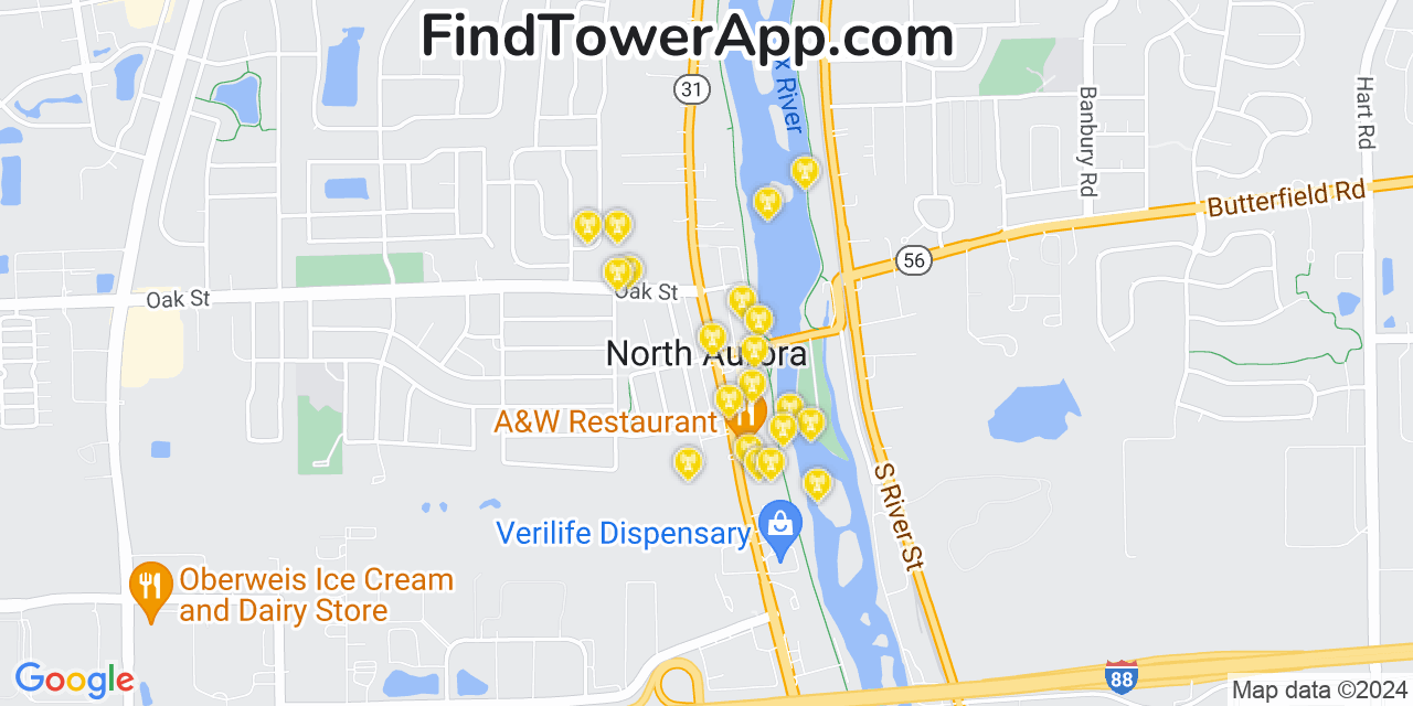 AT&T 4G/5G cell tower coverage map North Aurora, Illinois