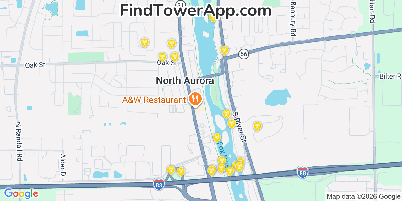 Map showing the 20 primary cell tower locations detected in North Aurora, Illinois from AT&T, Verizon, and T-Mobile networks