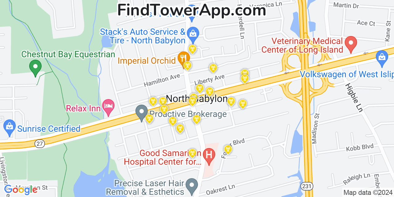 AT&T 4G/5G cell tower coverage map North Babylon, New York