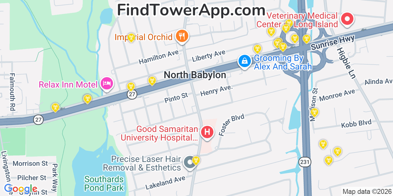 Map showing the 20 primary cell tower locations detected in North Babylon, New York from AT&T, Verizon, and T-Mobile networks