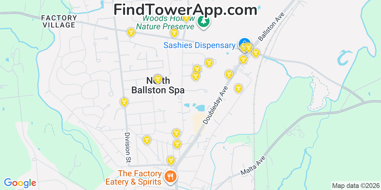 Map showing the 20 primary cell tower locations detected in North Ballston Spa, New York from AT&T, Verizon, and T-Mobile networks