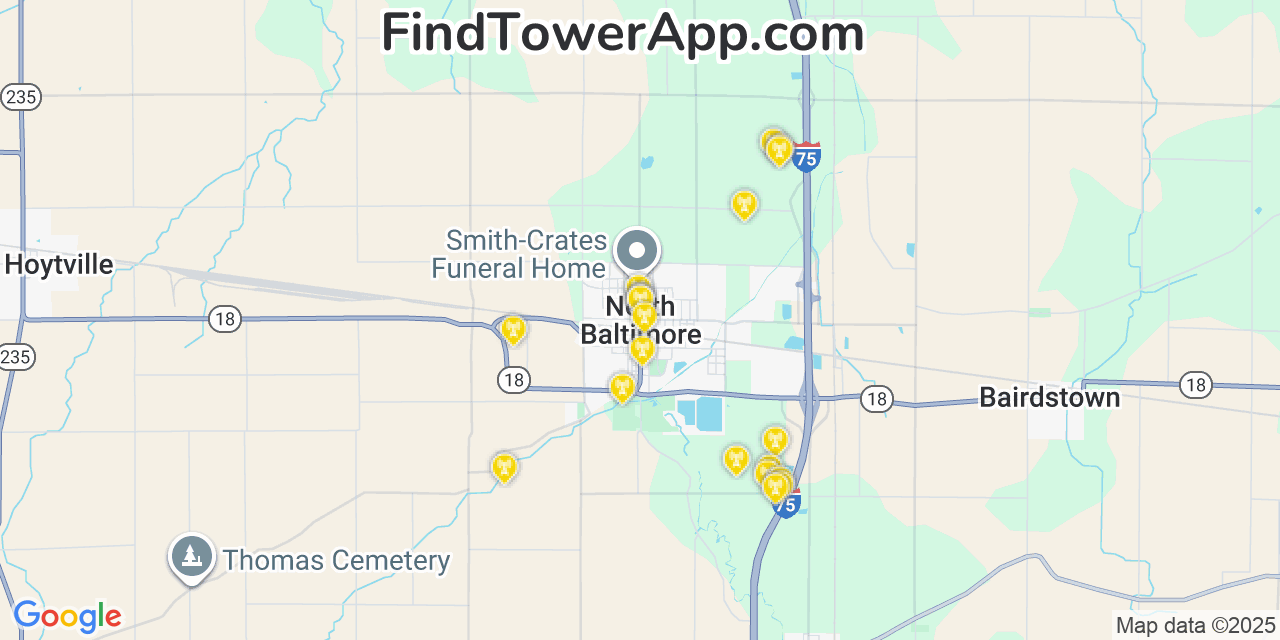 Map showing the 20 primary cell tower locations detected in North Baltimore, Ohio from AT&T, Verizon, and T-Mobile networks