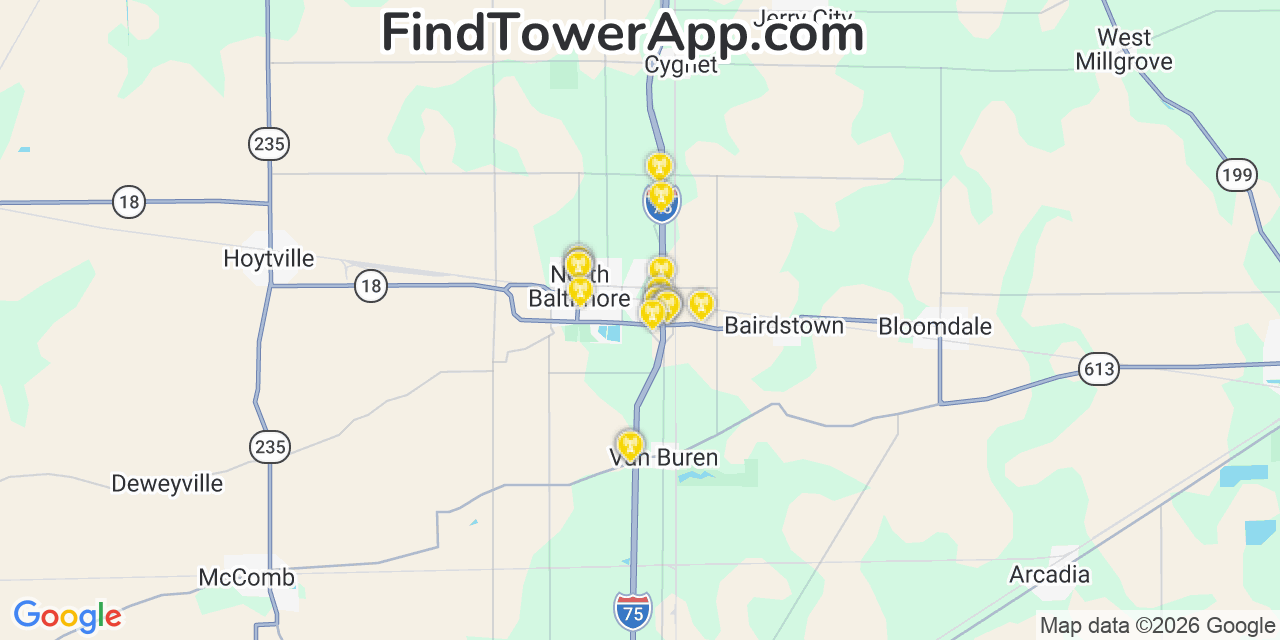 Map showing the 20 primary cell tower locations detected in North Baltimore, Ohio from AT&T, Verizon, and T-Mobile networks