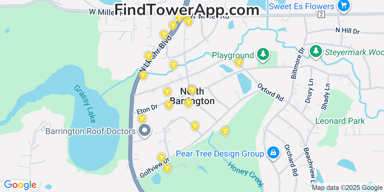 Map showing the 20 primary cell tower locations detected in North Barrington, Illinois from AT&T, Verizon, and T-Mobile networks