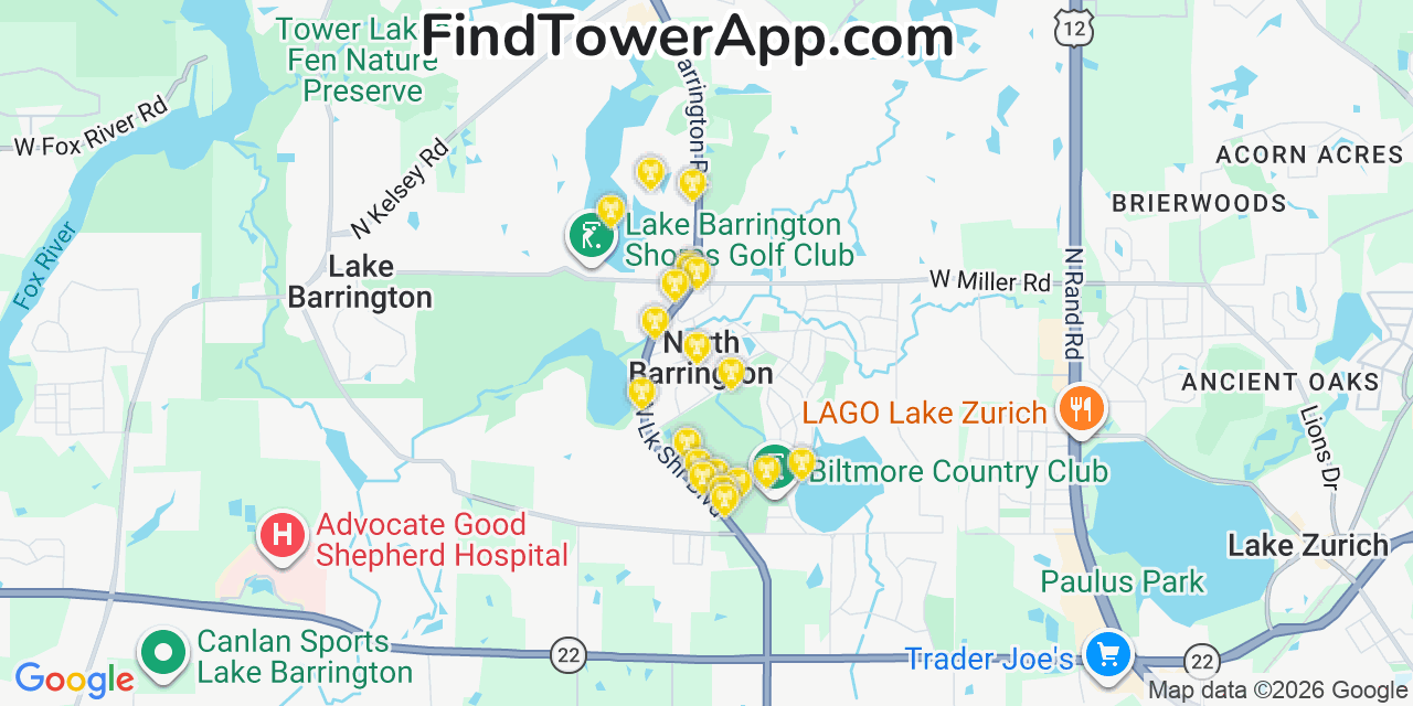 Map showing the 20 primary cell tower locations detected in North Barrington, Illinois from AT&T, Verizon, and T-Mobile networks