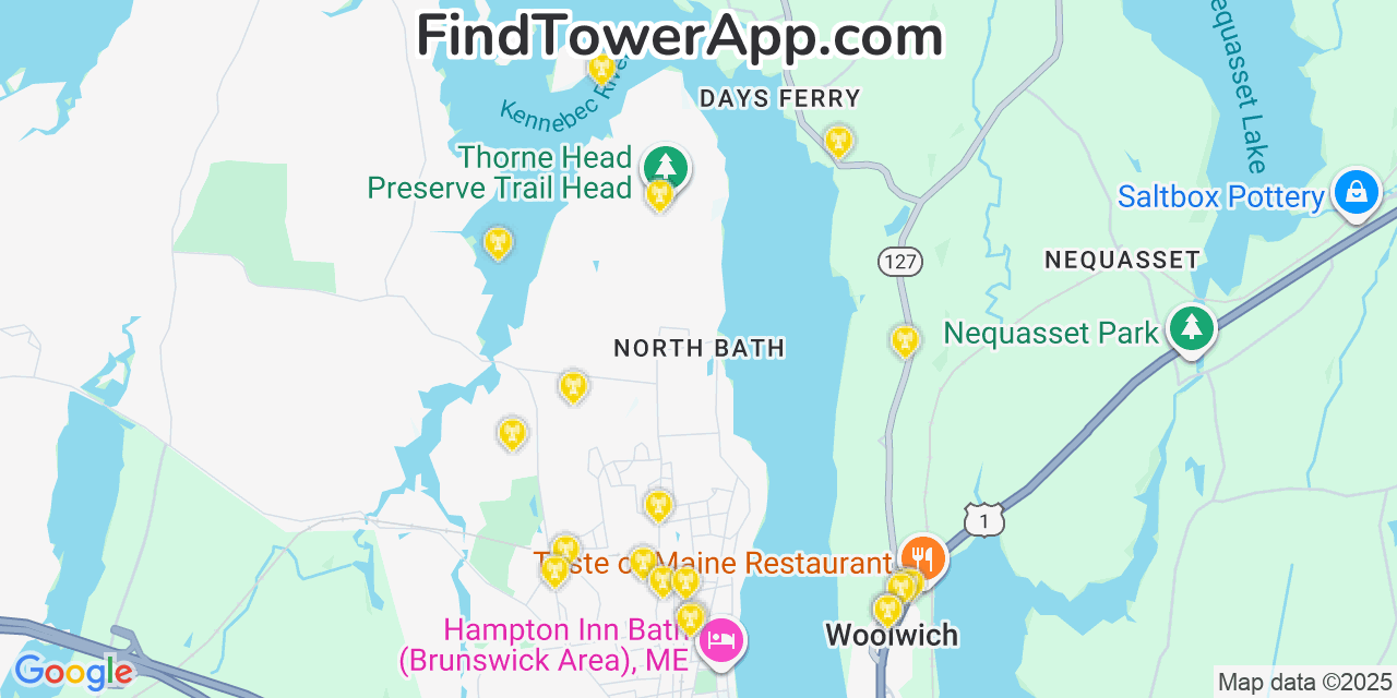 Map showing the 20 primary cell tower locations detected in North Bath, Maine from AT&T, Verizon, and T-Mobile networks