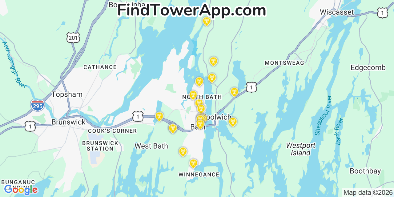 Map showing the 20 primary cell tower locations detected in North Bath, Maine from AT&T, Verizon, and T-Mobile networks