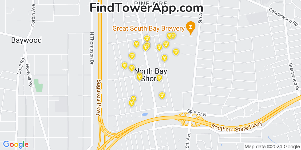 AT&T 4G/5G cell tower coverage map North Bay Shore, New York