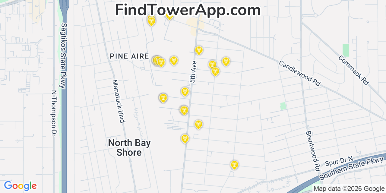 Map showing the 20 primary cell tower locations detected in North Bay Shore, New York from AT&T, Verizon, and T-Mobile networks