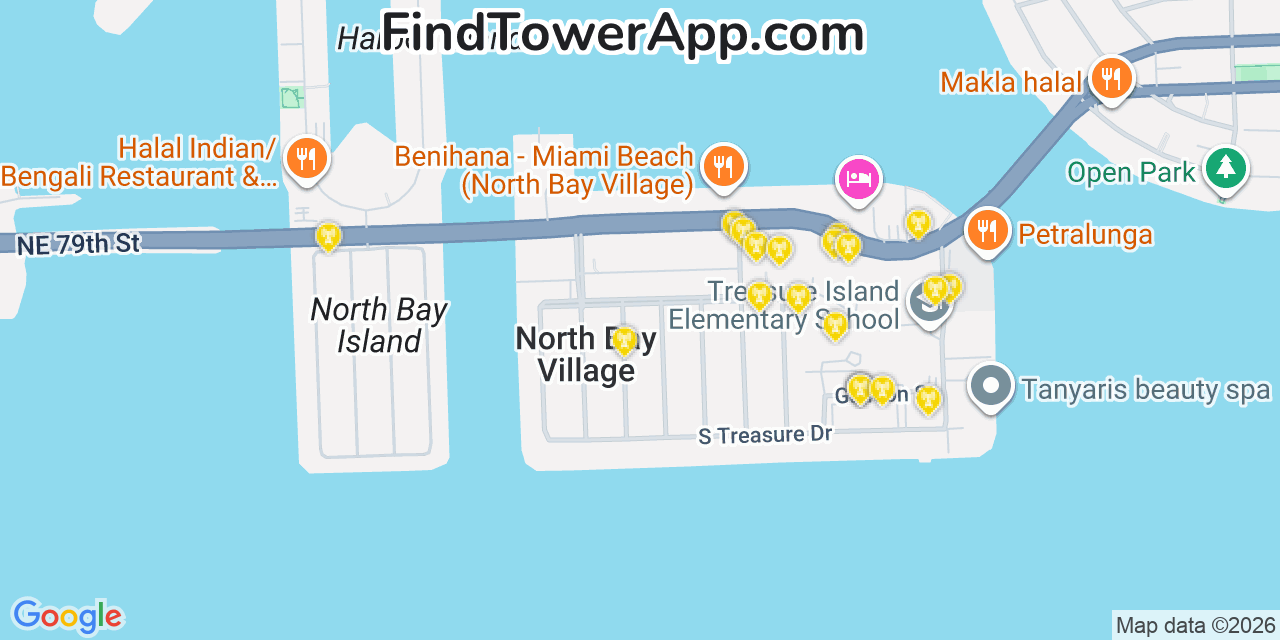 Map showing the 20 primary cell tower locations detected in North Bay Village, Florida from AT&T, Verizon, and T-Mobile networks