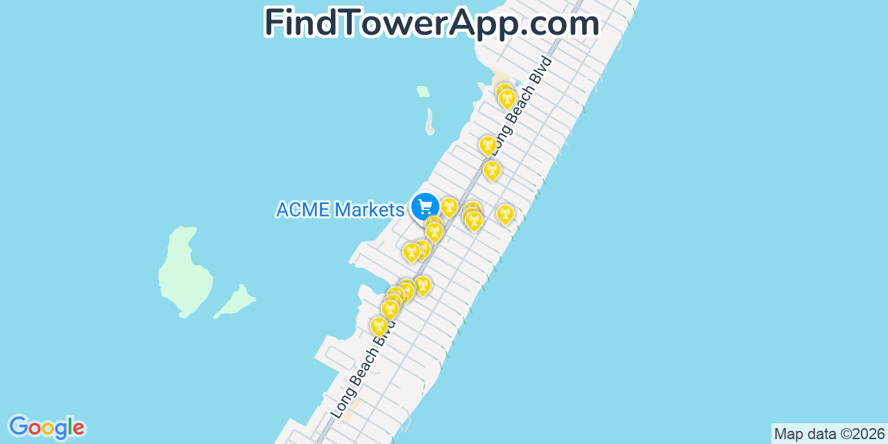 Map showing the 20 primary cell tower locations detected in North Beach Haven, New Jersey from AT&T, Verizon, and T-Mobile networks