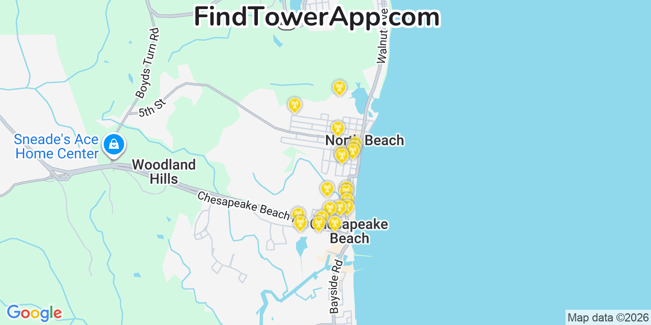 Map showing the 20 primary cell tower locations detected in North Beach, Maryland from AT&T, Verizon, and T-Mobile networks