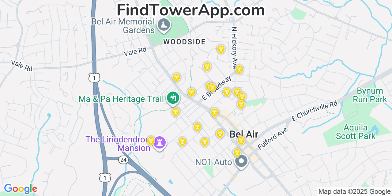 Map showing the 20 primary cell tower locations detected in North Bel Air, Maryland from AT&T, Verizon, and T-Mobile networks