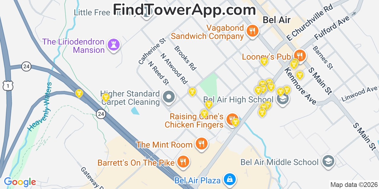 Map showing the 20 primary cell tower locations detected in North Bel Air, Maryland from AT&T, Verizon, and T-Mobile networks