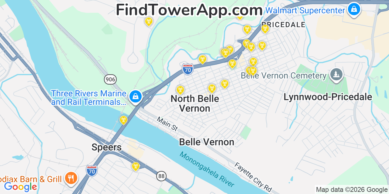 Map showing the 20 primary cell tower locations detected in North Belle Vernon, Pennsylvania from AT&T, Verizon, and T-Mobile networks