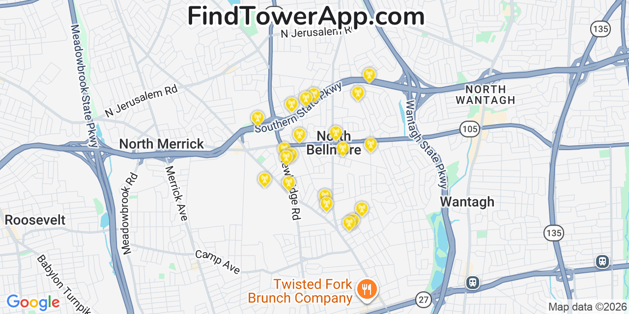 Map showing the 20 primary cell tower locations detected in North Bellmore, New York from AT&T, Verizon, and T-Mobile networks