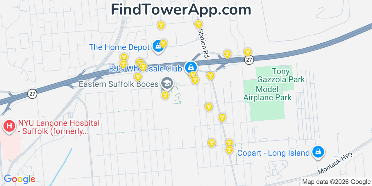 Map showing the 20 primary cell tower locations detected in North Bellport, New York from AT&T, Verizon, and T-Mobile networks