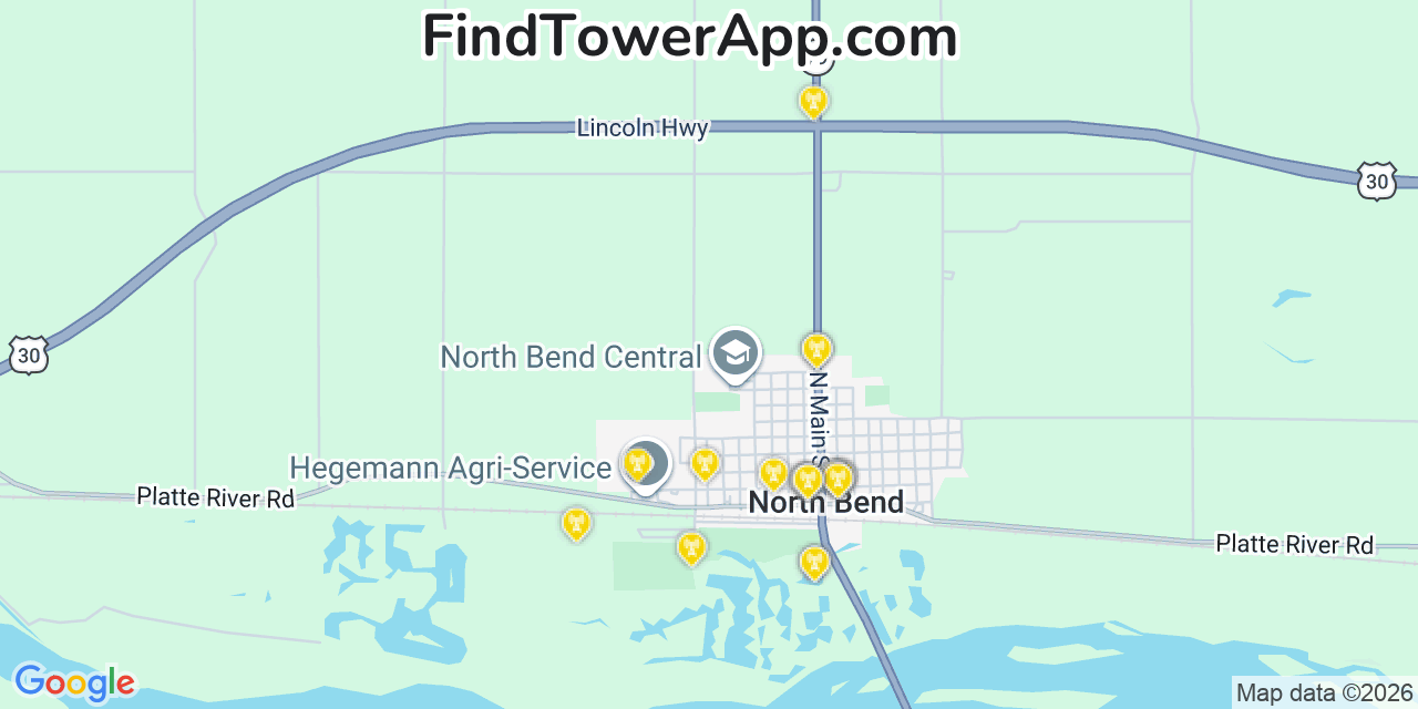 Map showing the 20 primary cell tower locations detected in North Bend, Nebraska from AT&T, Verizon, and T-Mobile networks