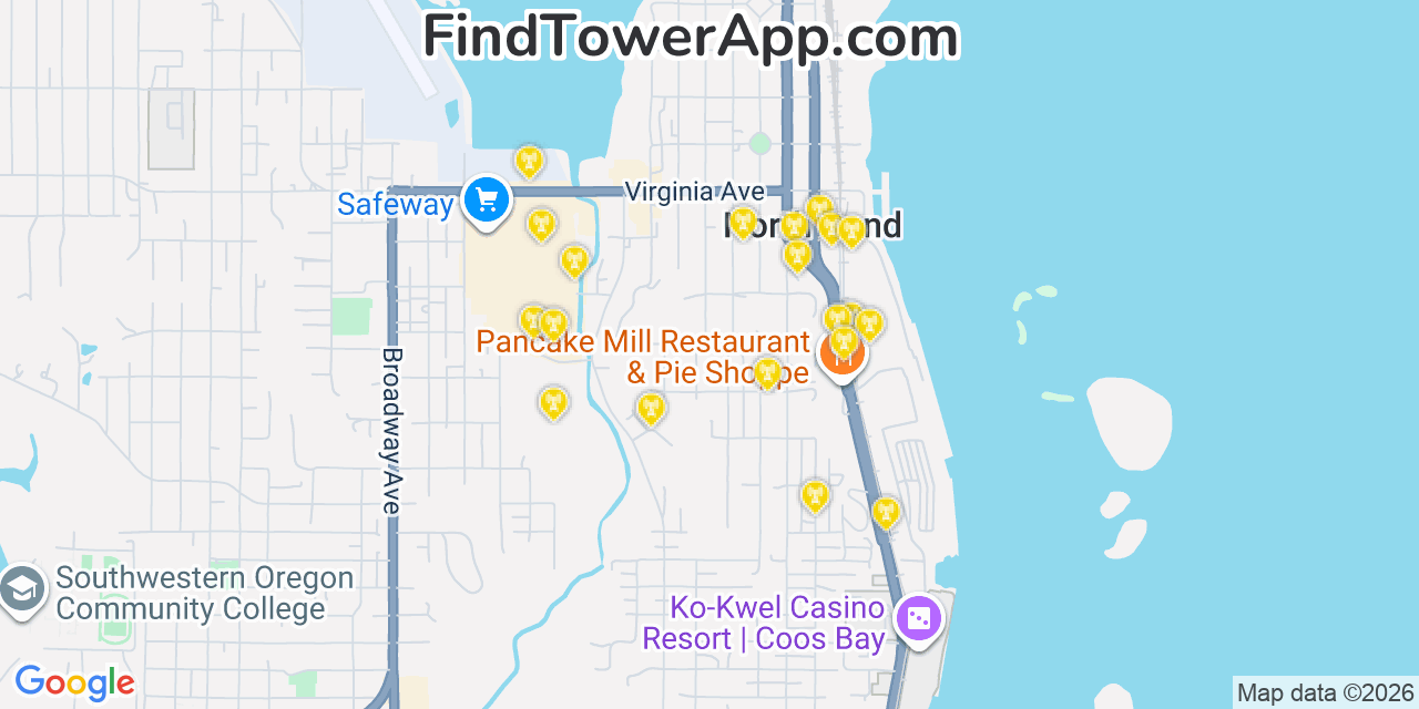 Map showing the 20 primary cell tower locations detected in North Bend, Oregon from AT&T, Verizon, and T-Mobile networks