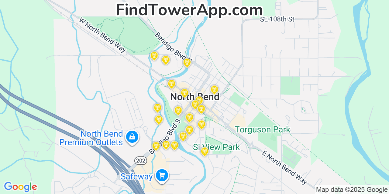 Map showing the 20 primary cell tower locations detected in North Bend, Washington from AT&T, Verizon, and T-Mobile networks