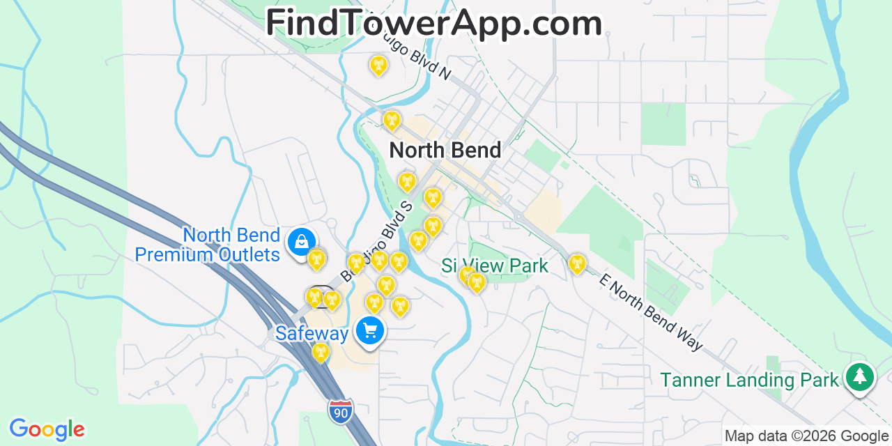 Map showing the 20 primary cell tower locations detected in North Bend, Washington from AT&T, Verizon, and T-Mobile networks
