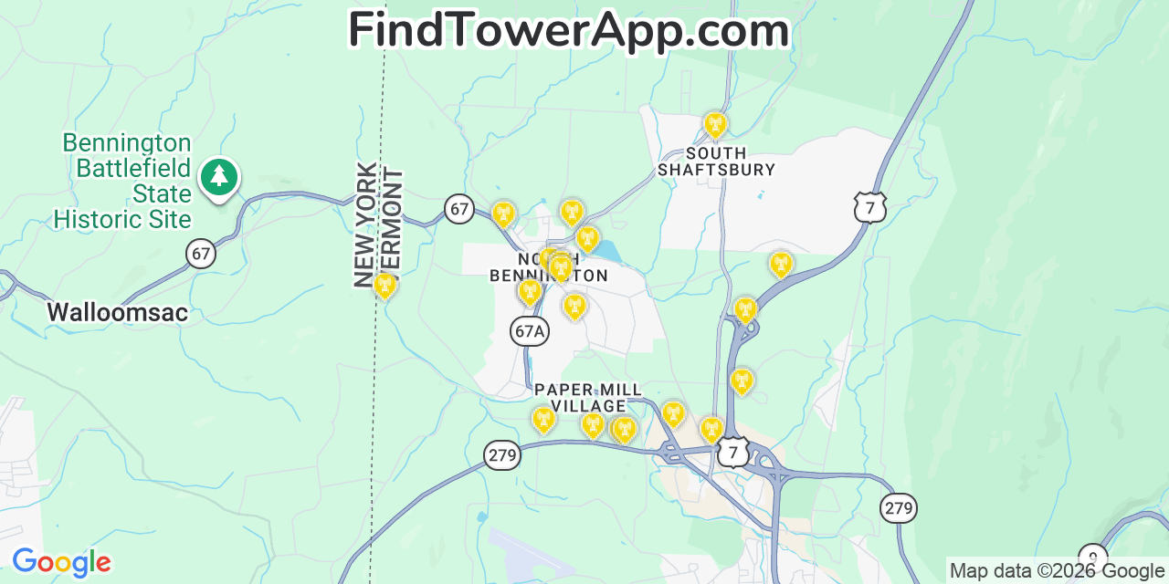 Map showing the 20 primary cell tower locations detected in North Bennington, Vermont from AT&T, Verizon, and T-Mobile networks