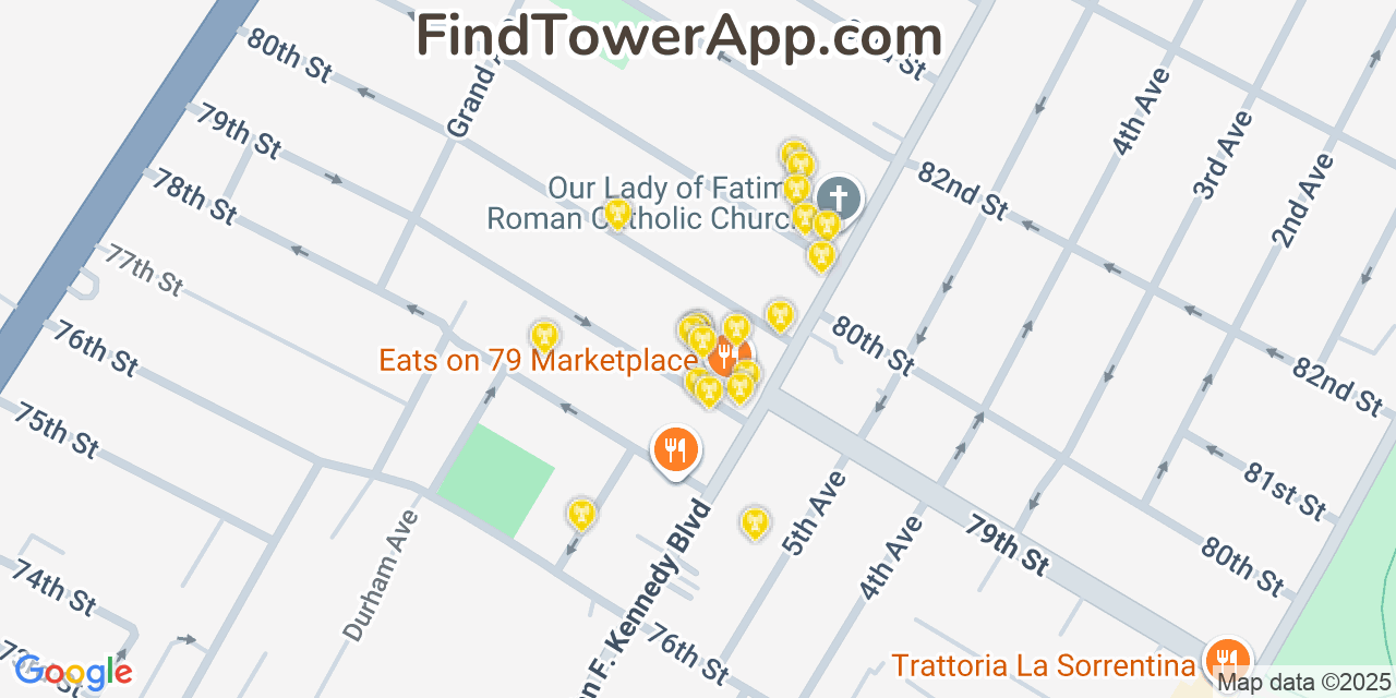 Map showing the 20 primary cell tower locations detected in North Bergen, New Jersey from AT&T, Verizon, and T-Mobile networks