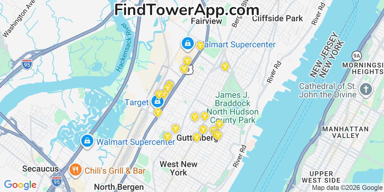 Map showing the 20 primary cell tower locations detected in North Bergen, New Jersey from AT&T, Verizon, and T-Mobile networks