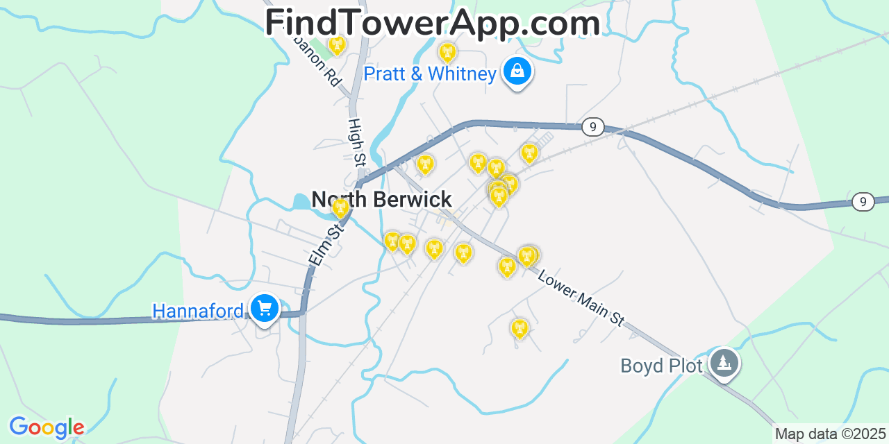 Map showing the 20 primary cell tower locations detected in North Berwick, Maine from AT&T, Verizon, and T-Mobile networks