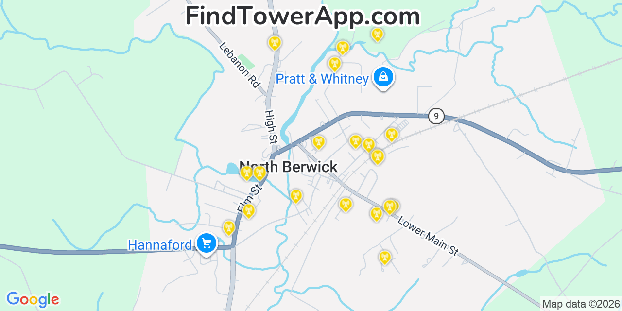 Map showing the 20 primary cell tower locations detected in North Berwick, Maine from AT&T, Verizon, and T-Mobile networks